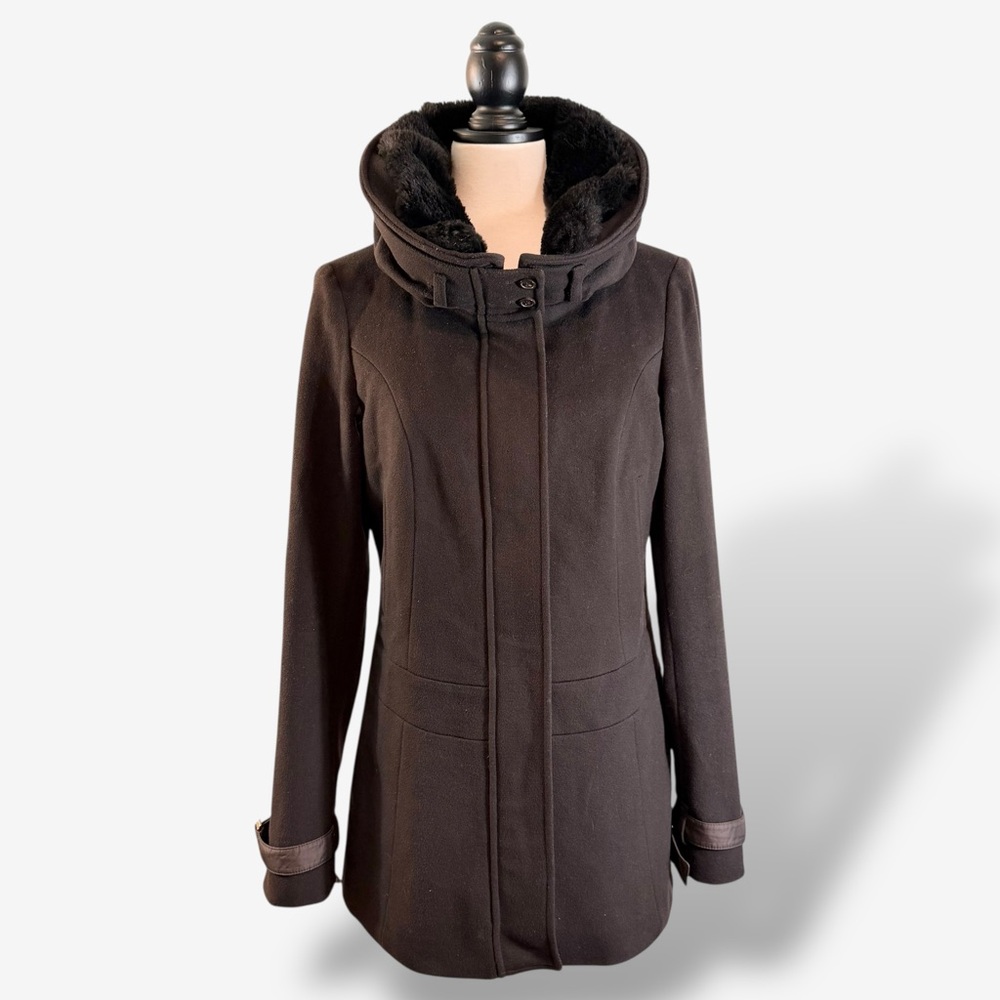 ’S Max Mara Virgin Wool Hooded Coat US 8 Brown Faux Fur Collar Luxury